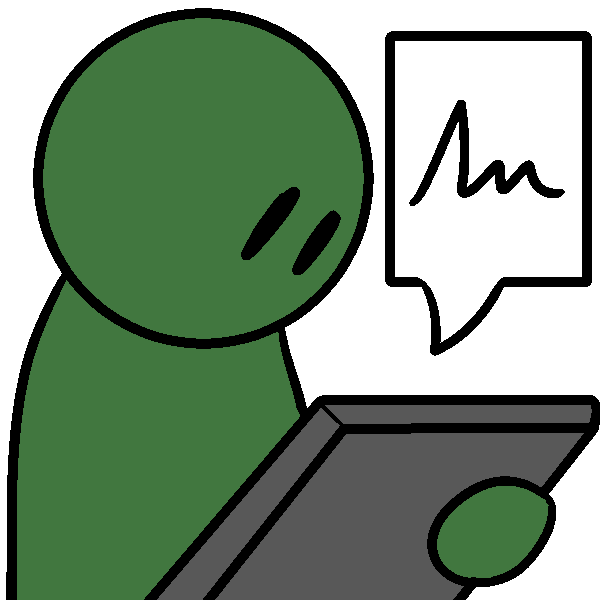  A green person looking at a gray tablet with a speech bubble coming from it. 